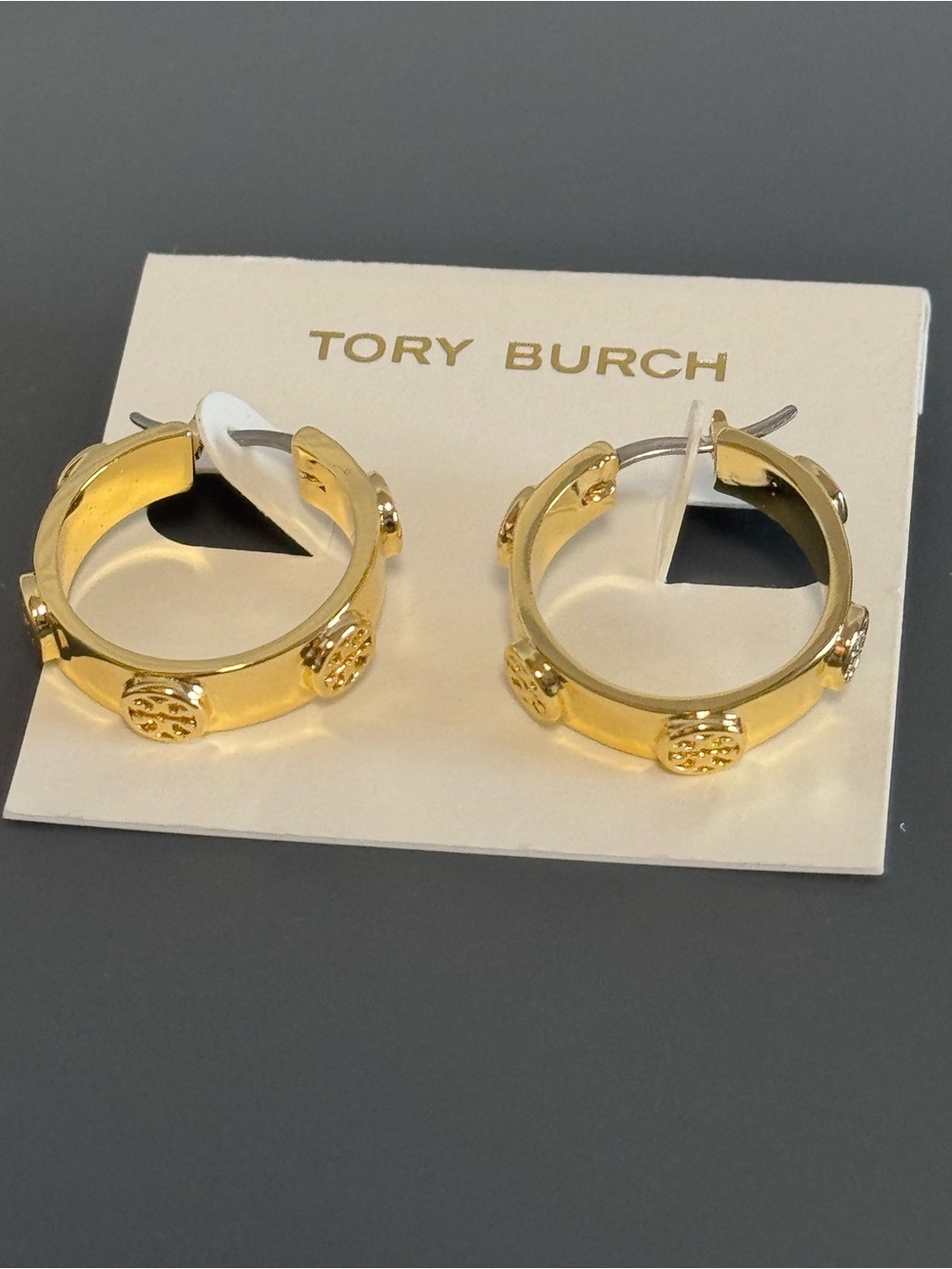 NWT Tory Burch Small Icon Studded Logo Hoop Earrings Gold